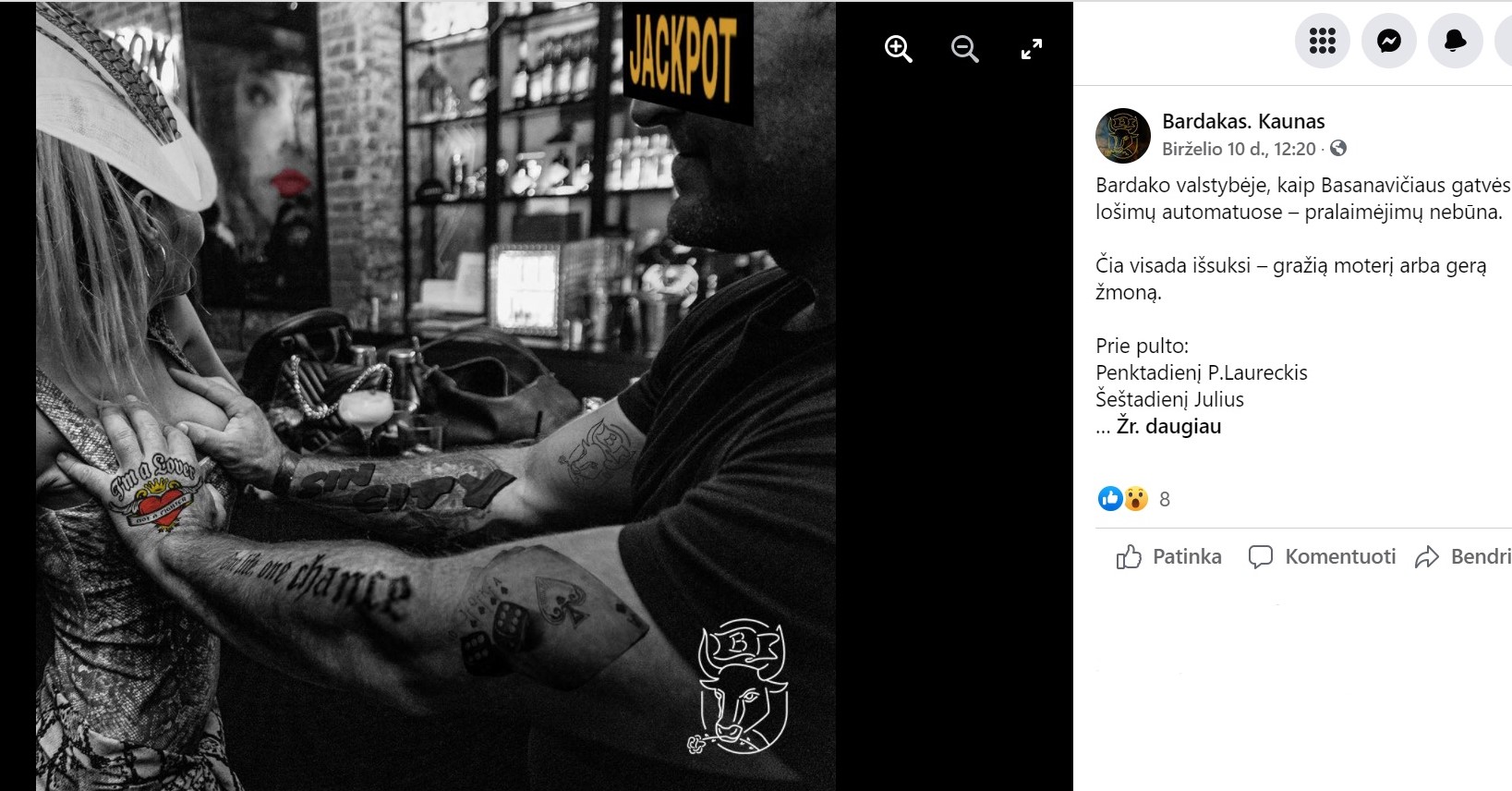 Žeminanti reklama: vyras pačiupęs už moters krūtinės, užrašas: "Jackpot"