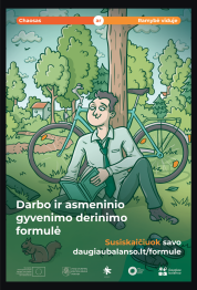 Darbo ir asmeninio gyvenimo derinimo formulė. Plakate dalykiškai apsirengęs vyras sėdi ant žolės parke be batų, skaito knygą, už nugaros stovi dviratis. Užrašas klausia: chaosas ar ramybė galvoje? 