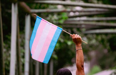 Pakelta žmogaus ranka, laikanti translyčių asmenų vėliavą